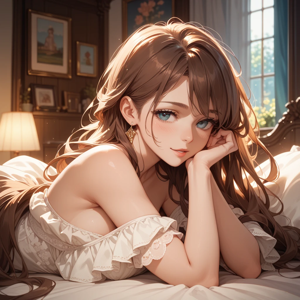 ((masterpiece)), ((best quality)), (ultra-detailed), ((extremely detailed CG)), 4K, (8K), best quality, (beautiful), anime style, full body, full body focus, my room, a cute girl, 1girl, solo, tareme, Double eyelids Eyes, (Short Sleeve Top and Shorts with Bare Feet, panty shot), lyin in bed, pillow under head, beautiful light brown hair, beautiful brown eyes, ((beautiful detailed eyes)), medium hair, ashamed, blush, shiny-glistening, gleaming, Professional Lighting