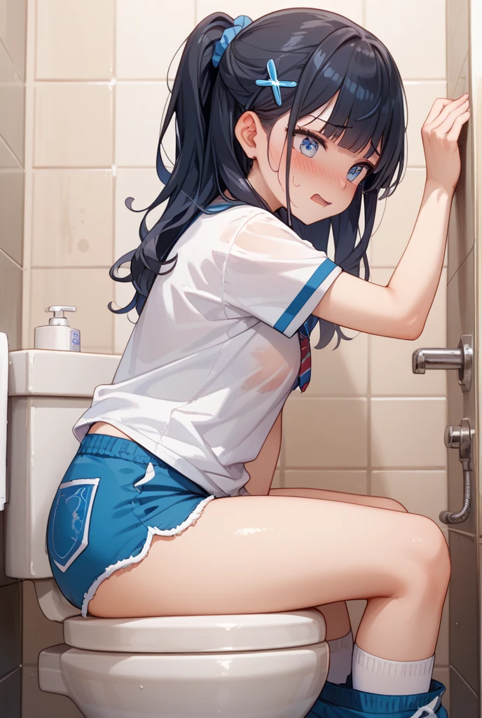 Highest quality, Super detailed, masterpiece, Ultra-high resolution, 8K, Embarrassing, blush, Lovely, Close one eye, With tears in her eyes and her mouth open, drooling, 1girl, mejiro ramonu \(umamusume\), umamusume, bent over, (Sailor uniform, micro mini skirt, light blue striped see-through panties, Sticky panties, cameltoe, beautiful ass), (bare back, crop back), Underboob, Sideboob, black stockings, (Thighs), (Curvy waist), Shower room, (from above)