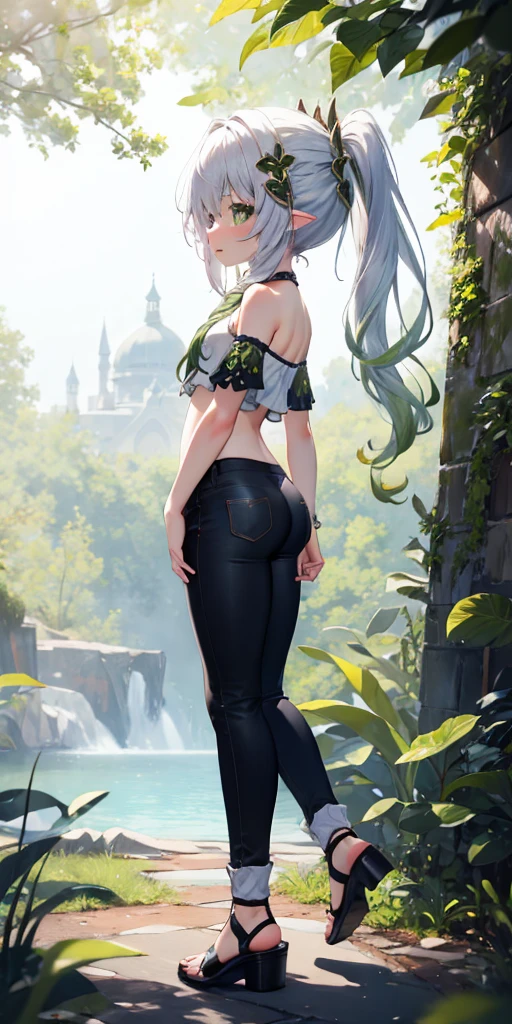 Girl Doll,Solitary,rest,((Buttocks display)),(The zipper is not closed),Blonde,elegant,Pointed ears,whole body,Chinese element pattern,thigh,(((Leaking thigh))),full,camisole,Deep V,(triangle denim shorts),stocking,leggings,(Brushstrokes,Impressionism,painting,Rich scenery),Disheveled,Chest contour,(((Wet clothing))),(((Ultra-thin clothing))),((Flesh outline)),Grinning