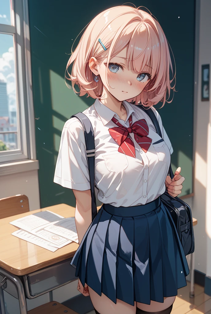 (top quality:1.1), (masterpiece:1.4), (nonsense:1.0), portlate, a close-up, 1girl in, adult body、Momovelia Deviluk、hair ornaments、bob cuts、Big hair pink hair, blue on the back of the head、one black eye、big chest、((Cute blouse))、looking at spectators、bedroom、(red blush:1.2)、embarrassed expression、((tights)), thick legs, thick thighs、in beds、((all four))、((tight skirts))、((office worker))