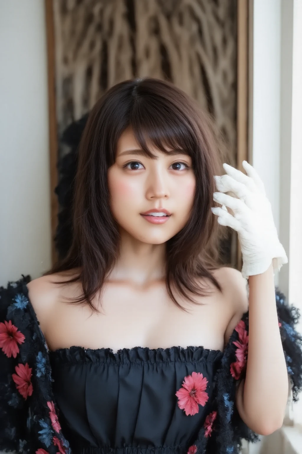 Top quality, 1 beautiful woman, super short Hair, shy Smile,  From Above