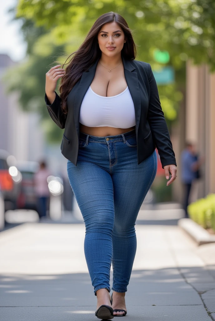 (8k、Raw Photo、highest quality、masterpiece:1.2、Full body image)、(Real、Photorealistic:1.4)、(Highly detailed 8k wallpaper)、Sharp Focus、Age 25、1 girl、Height: 160cm、Curvaceous Body 、(Big Breasts:1.4)、(Big Hips:1.3)、(Plump:1.5)、(Thigh 1.3)、Fair skin、Cute face、(round face:1.2)、smile、(Thick lips:1.3)、(Brown Hair:1.5)、(Plump:1.2),（High chest：1.6）,like々A ponytail that gives off a cheerful and lively image、(Black gingham check blazer:1.3)、White Sweater、(Navy blue tight jeans that look like they might burst at the seams:1.3)、Posing with the snowy Sapporo Clock Tower in the background。、Beautiful Japanese Women Photos、