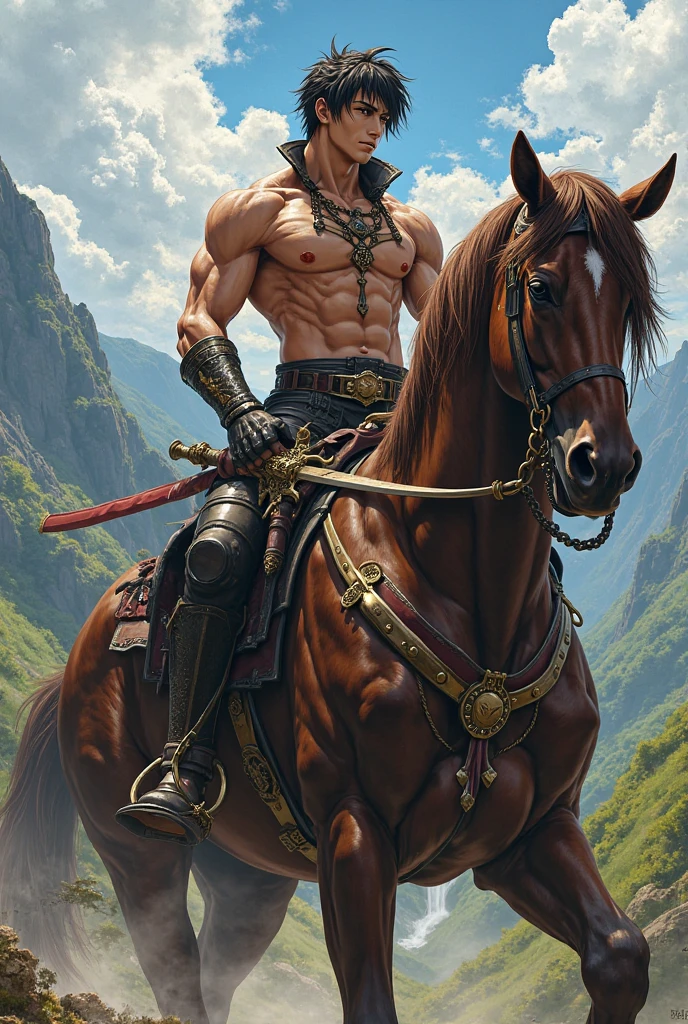 Centaur fighting in an epic battle with an impressive cinematic setting. The centaur is wielding a sword and shooting arrows at invisible enemies. The sky is full of dramatic clouds and piercing rays of sunshine. Lush vegetation frames the scene, providing a vibrant contrast to the grim ambience of the battle. The diffused light highlights the powerful muscles of the centaur, while raindrops fall around it, creating an intense and dynamic atmosphere. The painting is inspired by the Renaissance style, recalling the grandeur of Leonardo da Vinci's works. The texture of oil on canvas adds depth and realism to the scene