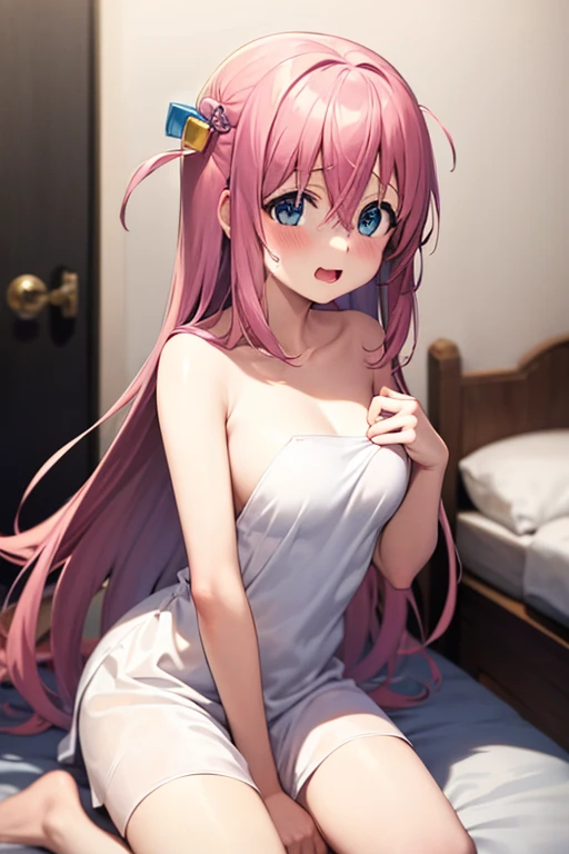 <lora:swhuazi_v1:0.8>,huazi, girl, breasts, pink hair, green eyes, solo,long hair, braid, ahoge,  underwear, looking at viewer, lying, smile,  masterpiece, best quality,nude, masterpiece, best quality,halo,sailor suit,, masterpiece, best quality,