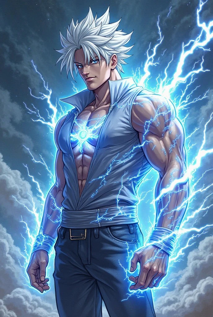 8k, complex, elegant, highly detailed, majestic, digital photography, surrealist painting, beating magic, winding lightning, (masterpiece, side light, fine beautiful eyes: 1.2), HDR, (glowing blue eyes)), naked upper body, (glowing tattoo), handsome boy, white hair, muscles, demon horn, raining, handsome, facing the camera, masterpiece