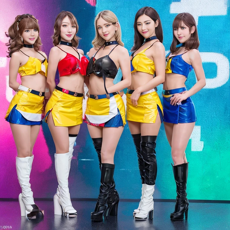 3-member girl group、light pop music group、超High resolution、Ultra high image quality、8k、Wonderful expression with attention to detail、All have long bob cut blonde hair、Cute costumes stage design、Outdoor music hall performance stage