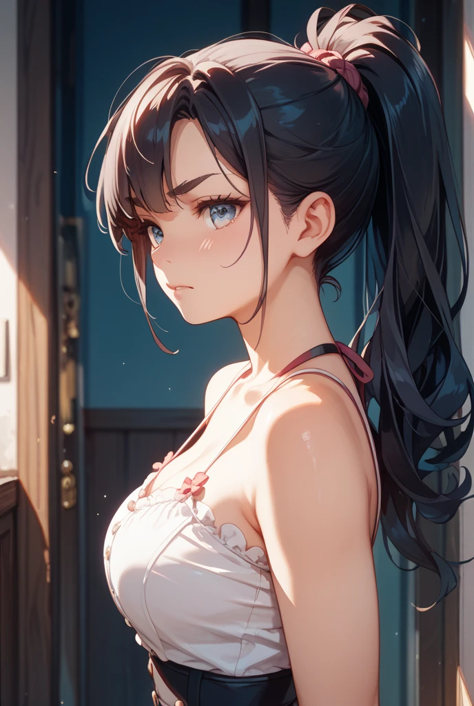 16k、masterpiece、High resolution、((18-year-old female))、Very large breasts、(((thin, A skin-tight white sports bra))、((白くthinスポーツレギンス))、Seductive look、smile、Angle from below、((Close up of upper body))、((Nipples get erect))