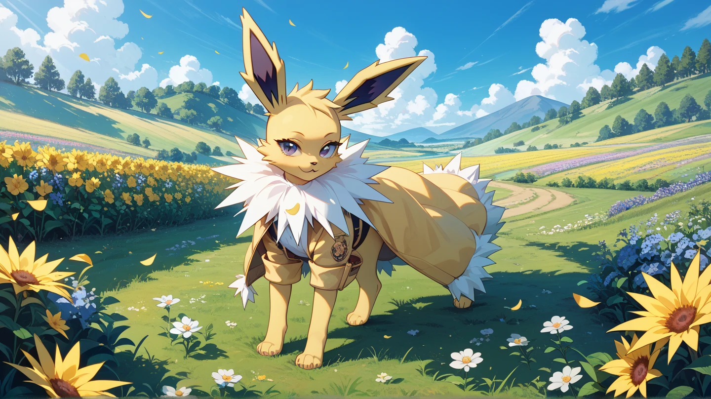 (Masterpiece, Best Quality, Highres:1.4), (anthro) Detailed, Intricate Details, 4K, (Pokémon), (jolteon), (furry) extremely detailed fur, red eyes, best quality, white hair. white style hair. tail. long tail, dark poncho, (2 ears), good anatomy, looking at the viewer