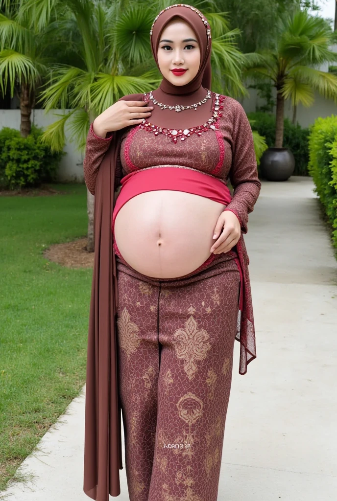 RAW, Best quality, high resolution, masterpiece: 1.3), beautiful Malay woman in hijab,Masterpiece, perfect  fit body, ((Huge breast)), ((huge pregnant)), biggorgeous eyes, Soft smile,muslim woman in a plain long sleeve shirt and hijab posing for a picture, hijab, with lovely look, with beautiful colors, with accurate face, pose 4 of 1 6, traditional beauty, batik, wearing beautiful clothes, beutifull, with beautiful exotic, attractive pose, cute pose, scarf, wearing plain chiton, very attractive , she is smiling,Delicate turtleneck, necklace, shairband, afternoon walk, City garden, Excellent lighting, Bright colors, Clean lines