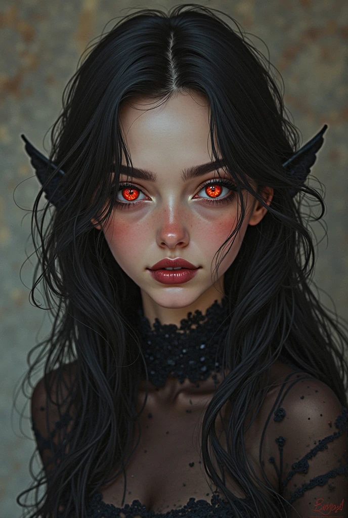 1 fille, High resolution, Longhaire, tetas grandes, Oreilles d'Animal, opened mouth, jewels, Corne, background blur, fond simple, red eye, jewels, Best Quality,