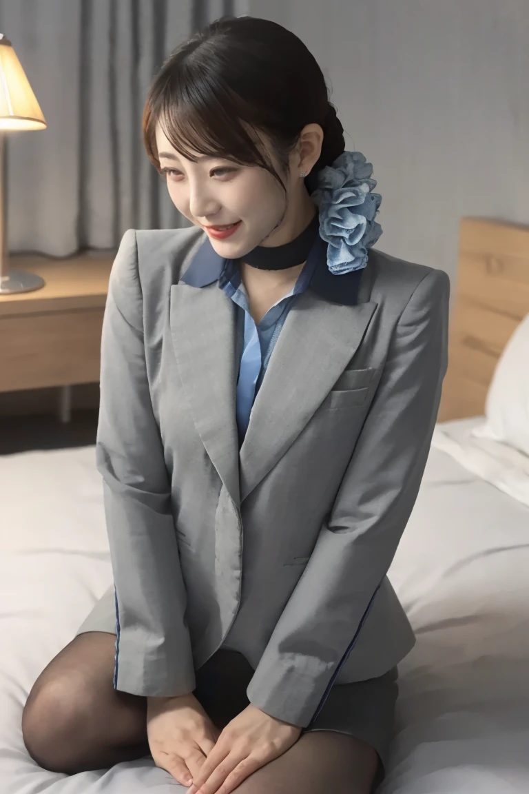 Realistic, High resolution, 1 female, Hip-up illustration enlarged、Beautiful Eyes, The eyes are round, Brown short hair ,High School Uniform、Blue Shirt, Without skirt、Short tie,Purple underwear,squat, Spread your legs,Camel Toe