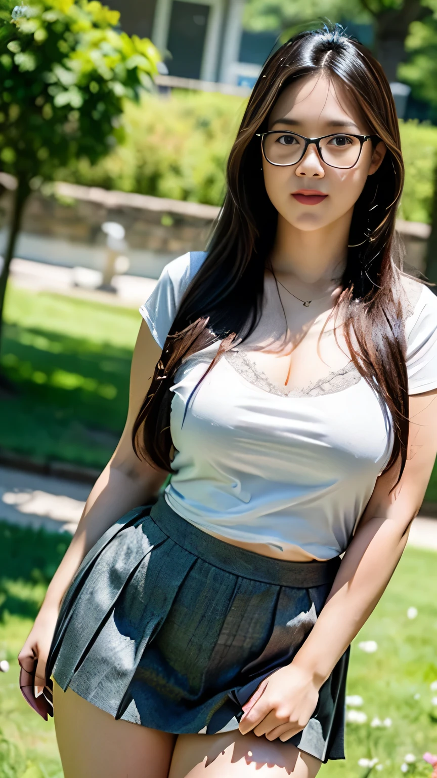 (A hyper-realistic), (illustratio), (hight resolution), (8K), (A highly detailed), (The best illustrations), (Beautiful detailed eyes), (top-quality), (Very detailed), (​masterpiece), campus,University, (Detailed face), Solo, 1 girl, White wavy hair, large full breasts, Plump buttocks、Long leg, Firm abs,Pleated skirt,thin tops,20 years old,Make your underwear visible,Street,Looking back,Skirt blowing in the wind,(((Skirt with visible panties))),panties on,(((lift skirt myself)))(((skirt rift)))