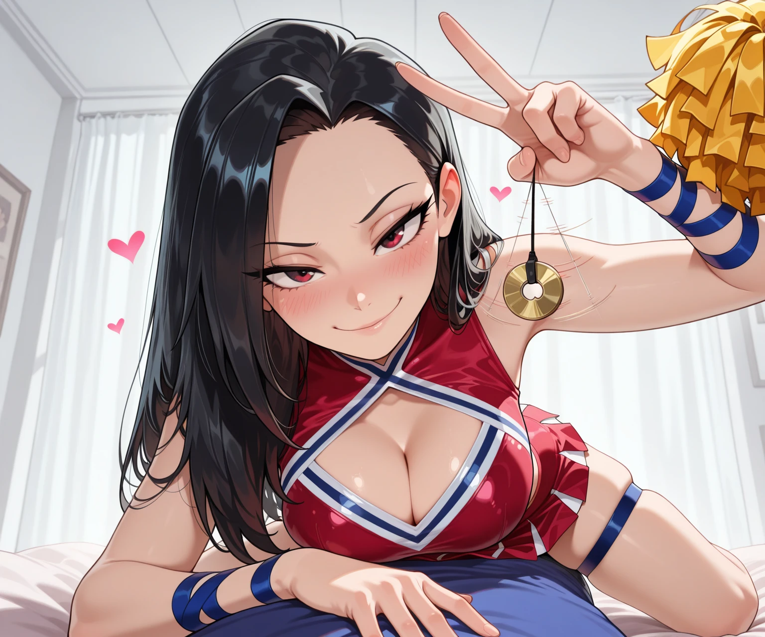 masterpiece, best quality, maya kumashiro, looking at viewer, large breasts, upper body, portrait, seductive smile, put your hands behind your head, armpits, armpits visible, sweaty armpits, wearing red chinese dress,
