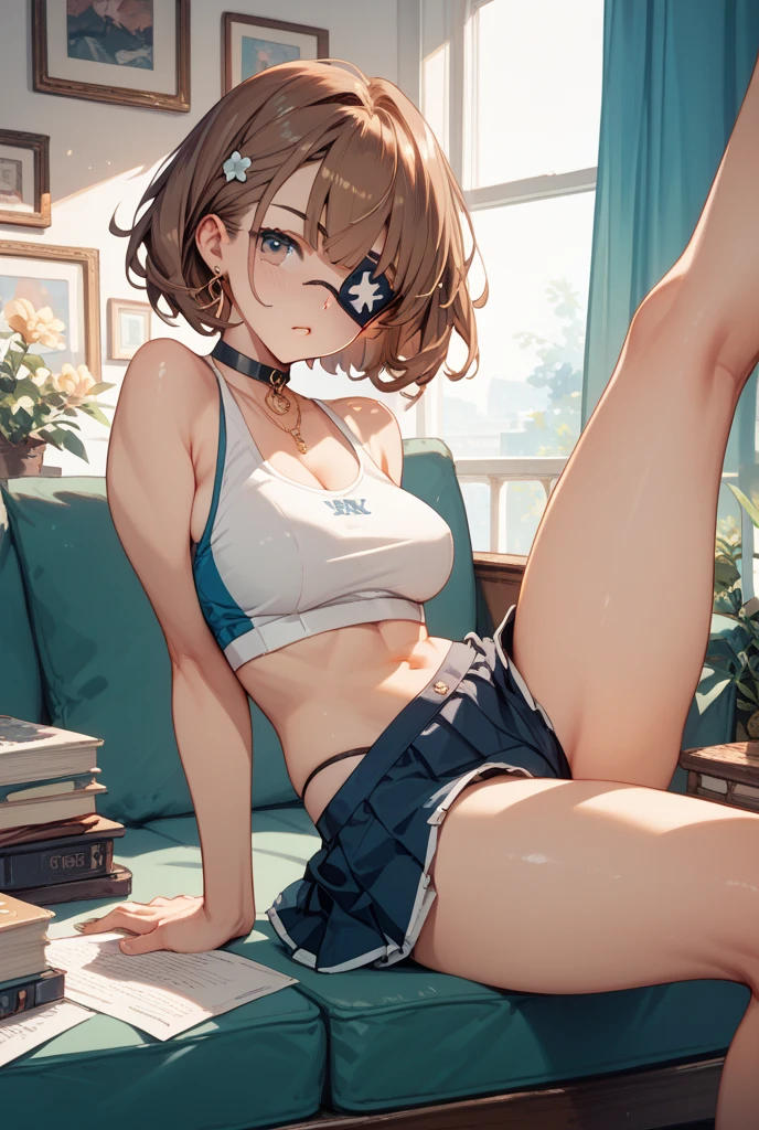 (highest quality, 4k, masterpiece :1.3), Beautiful woman, 1 girl, solo, (chest, attractive body :1.2), showing pubic area:, underboob, cleavage, JK, thong, crop top white shirt, sleeveless, dark brown hair: 1.1, sailor suit, super detailed face, lip details, half opened mouth, smile, fine green eyes, double eyelid, spread legs, one knee up, bedroom, showing pubic area: