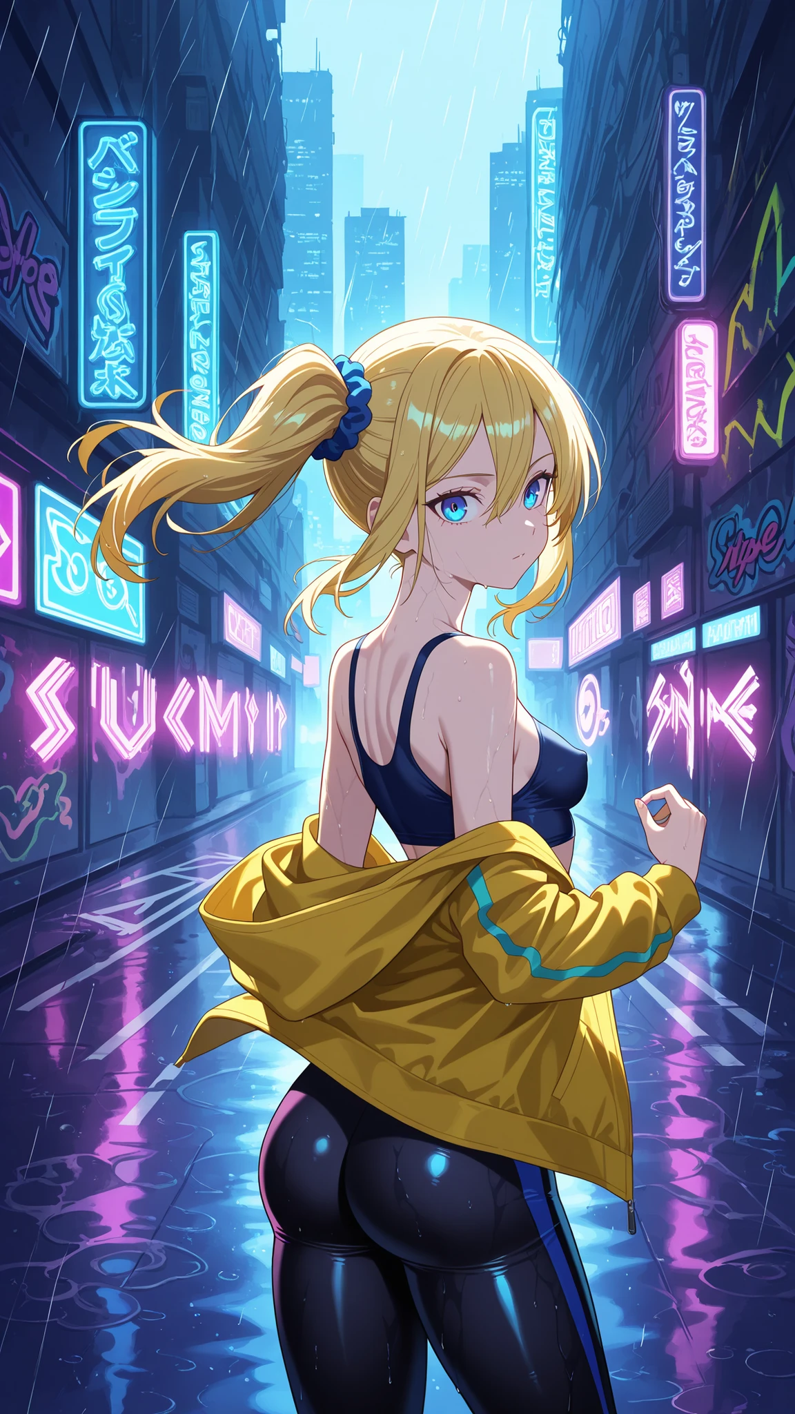 BREAK (masterpiece:1.2), best quality, high resolution, unity 8k wallpaper, (illustration:0.8), Nighttime urban skatepark glowing with neon lights, rain-soaked concrete reflecting purple and blue tones, colorful graffiti on the walls, scattered puddles shimmering, dramatic side lighting, skater frozen mid-air doing a trick, gritty atmosphere, cinematic shadows, distant city skyline, wet surfaces gleaming, edgy street vibes, ultra-detailed, hyperrealistic lighting, smoke and mist in the background, cyberpunk energy,ai hayasaka, bangs, blue eyes, blonde hair, hair ornament, hair between eyes, sidelocks, side ponytail, scrunchie, hair scrunchie, blue scrunchie,blue crop top,black tight leggings,yellow jacket with hood,open jacket,bare shoulder,collarbone, looking at viewer,cowboy shot,wide-angel,floating hair,barely visible nipples,from behind,back photo