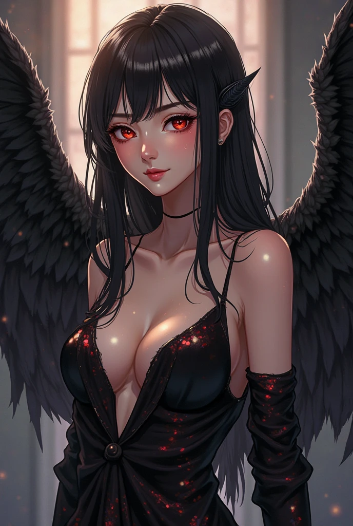 "A full-body portrait of a female demon with a gentle, mischievous smile. She is dressed in her usual light, transparent clothing that flows elegantly around her figure. She has prominent demonic horns and a glowing halo above her head, signifying her unique status as a demon blessed with divine attributes. Her wings are pure white, creating a striking contrast against her dark attire. Her glossy pink lips add to her seductive yet affectionate expression. She stands confidently, exuding both darkness and light, with a background that blends shadows and soft light to reflect her dual nature.&quot;One girl, Very long hair, Open your mouth a little, Angel Halo, Highest quality, High resolution, High-resolution model, Large Breasts, tongue, Drooling, Saliva stringing, smile,  Background blur,  anime, Cowboy Shot, 