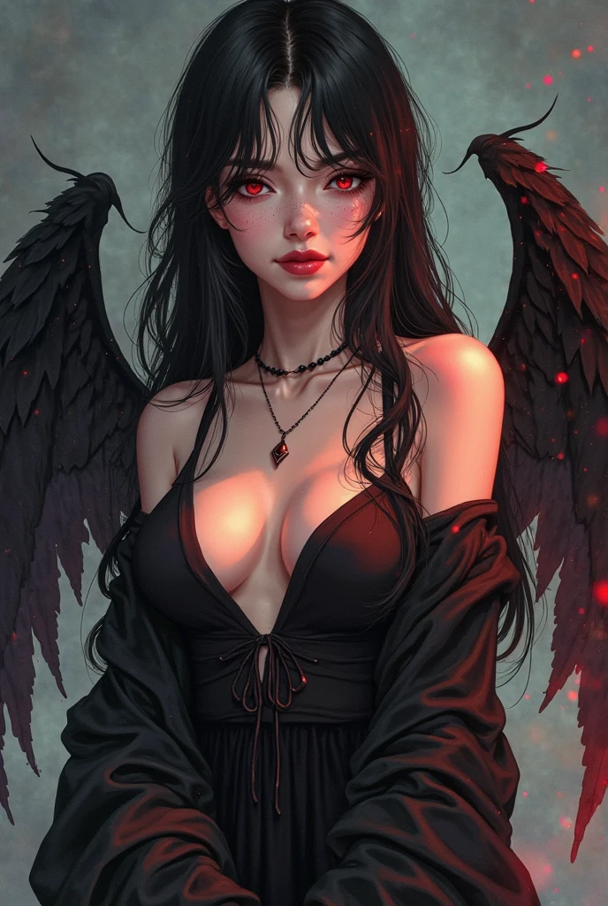 A photorealistic full-body portrait of a seductive and beautiful brunette seductress with devilish features. The seductress has curly hair and captivating blood-colored eyes. She is depicted in a dark fantasy setting, specifically in the depths of hell. The sky above is dark and gloomy, setting a haunting atmosphere. The seductress is adorned in an exotic black and red villain dress, with intricate details and a choker-style collar. The focus of the image should be on capturing the seductress's alluring pose and detailed face. Her expression should exude both allure and danger, reflecting her devilish nature. The lighting should be moody, with shadows adding depth and mystery to the scene. The resolution of the image should be high, allowing for fine details to be showcased."