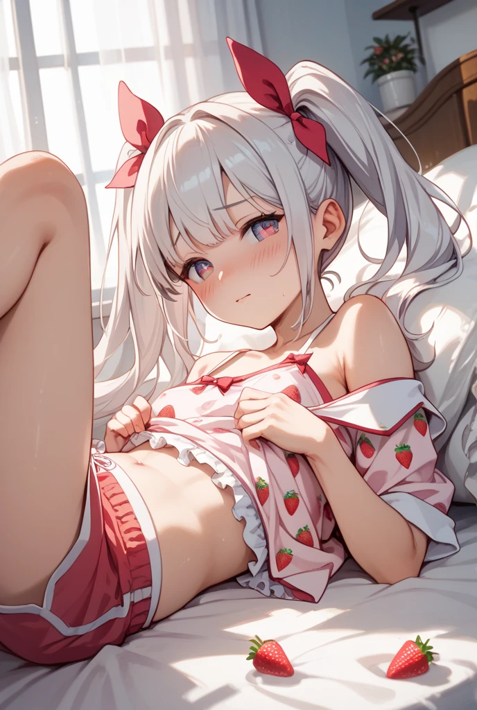 Plain white with emphasis on the chestＴshirt、You can see the chest from the neck、Ultramarine and white striped mini skirt、When you lift up her skirt you can see her cute pink frilly underwear...、fluffy, White frilly flared skirt、When she lifted her skirt, She found some cute red frilly underwear、barefoot、