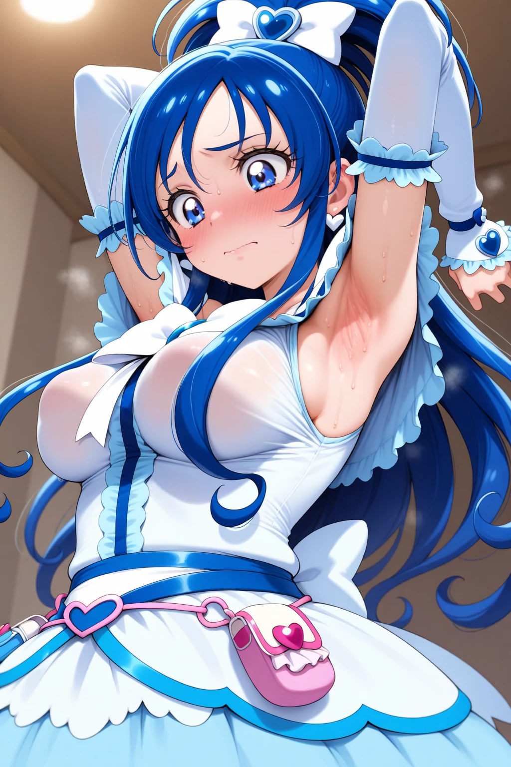 (masterpiece, best quality), best quality, (ultra-detailed), (3heads:1.5), 1girl, (mai:1.3), masterpiece, best quality, ultra quality, ultra resolution, ultra detail, light pink top, crop top, ((stomach)), midriff, ((groin)), light pink skirt, normal ears, shackles, blue hair, very long hair, wavy hair, pigtails, light-blue eyes, parted lips, detailed eyes, sweat, cute, toned belly, hand on own chest, eyelashes, (24 year old woman:1.3), (masterpiece:1.5), (best quality:1.5), (beautiful detailed), extremely detailed CG, extremely delicate and beautiful, depth of field, (finely detailed face), (perfect details:1.2), (mature female:1.3), wide pelvis, slender, large veiny breast, 16k resolution, highres, very high quality, very high definition, extremely detailed, masterpiece, blue hair, long hair, alluring presence, braid, short skirt, close up, big tits, young, light pink bow in her hair, small light pink wings, (girl with three heads),
