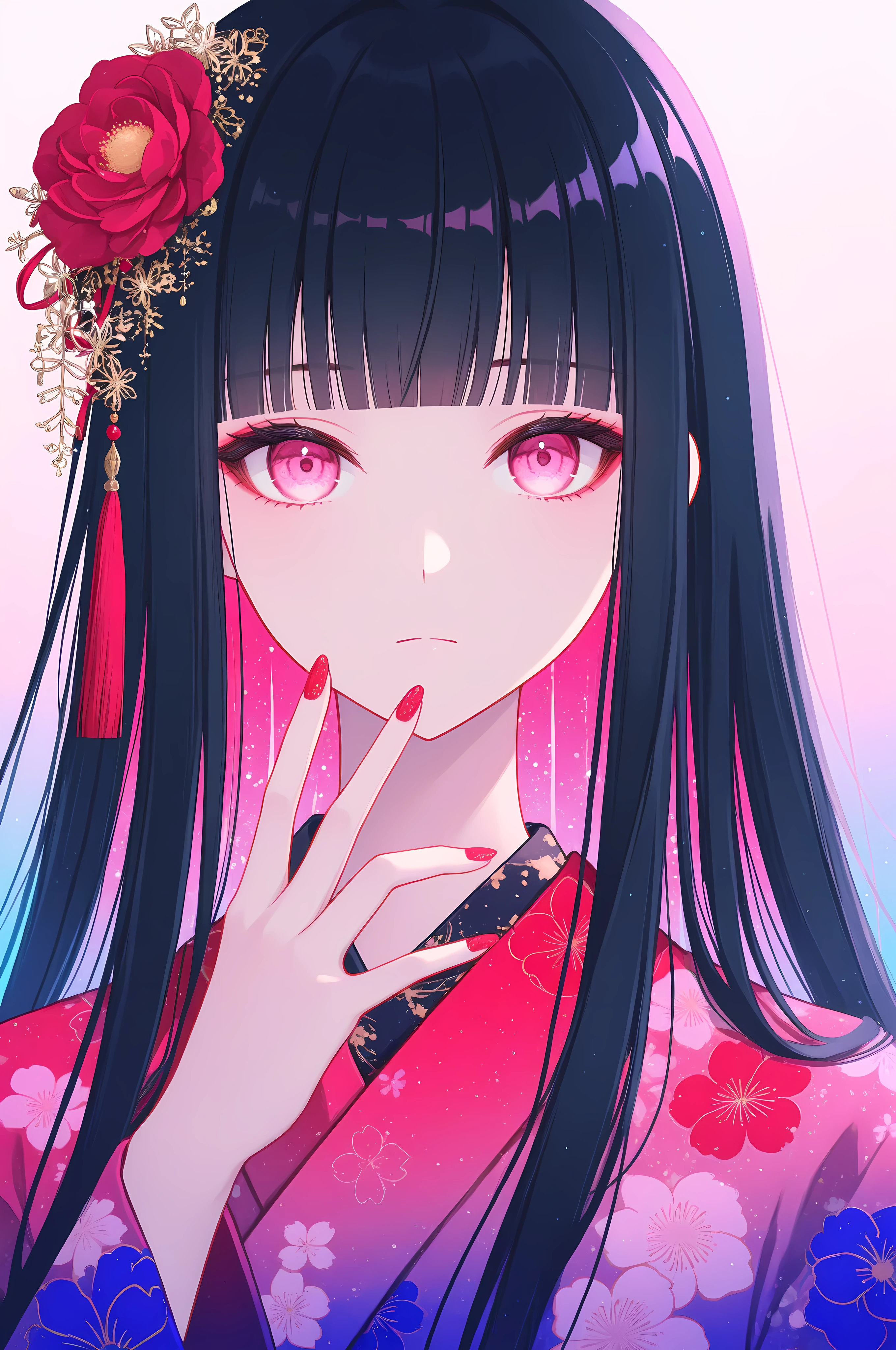 woman, solo, ethereal, crystal red nails, looking at viewer, bangs, pink eyes, long hair, black hair, hair ornament, hand up, flower, blunt bangs, closed mouth, tassel, ribbon, portrait, colorful, gradient background, floral yukata, multicolored hair, upper body,