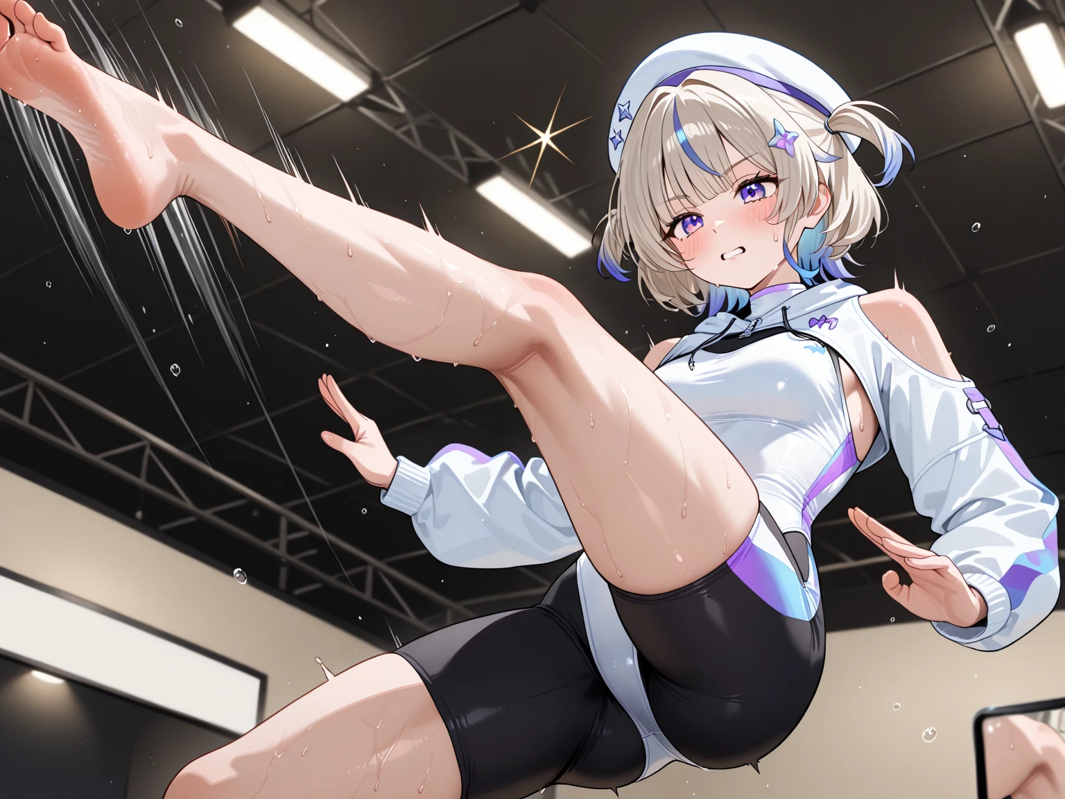 wavy silver hair that cascades to the middle of her back.  Brown eyes.  Slim and athletic build.  She was wearing a  skirt in shades of blue, a light blue shirt.  He was wearing sports shoes. Very Busty. Comic style, marvel style. She is lying sensually