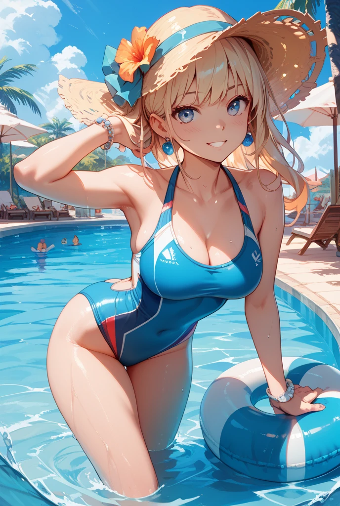 (Highest quality,8k,32K,masterpiece,Ultra-high resolution :1.2 ),born,One girl,Super cute,Natural light,Clear, shining eyes,20-year-old,Fair skin,Public swimming pool digital world fantasy background,Golden Hair,ponytail,Sun visor,I am training,Large Breasts,bikini,Theme park,amusement park,Frankfurt