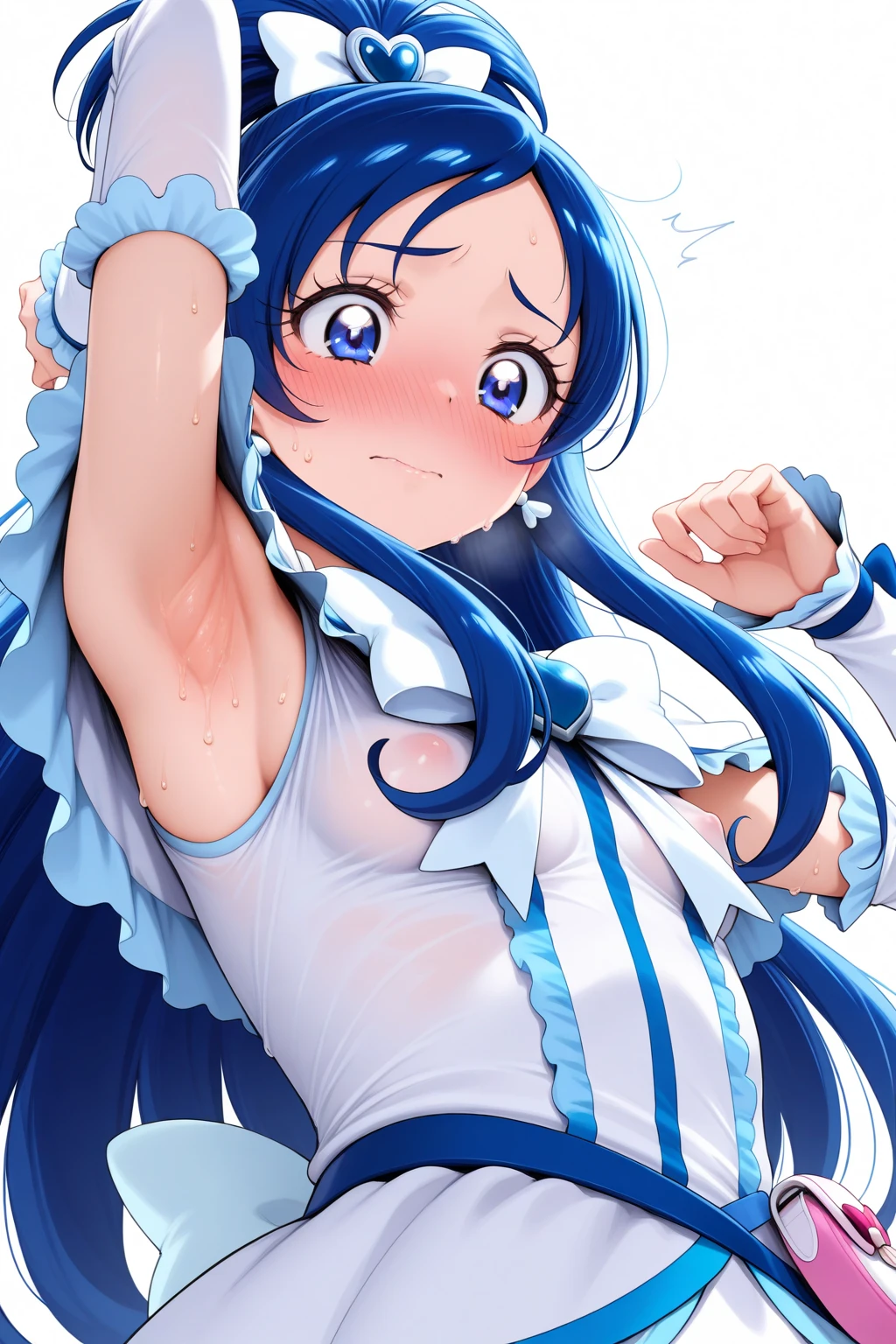 (Perfect body),Best Quality,(8K Portrait),(Official art)、((NSFW))、(((Lori)))、((Short stature))、((:D))、1girl in,(blush),(Sweat),(((flat chest)))、(thick thighs)、(big butts)、((Blue hair))、(Long hair)、(((Twin-tailed)))、Yellow Ribbon、((White and light blue leotard))、 ((Yellow frills))、(yellow eyes)、Hands behind the head、Armpits、(spreading legs)、Cowboy Shot、Electronic space、(There is a star-shaped stick on the right hand..)、(Peace sign with left hand in front of face)、dynamicposes
