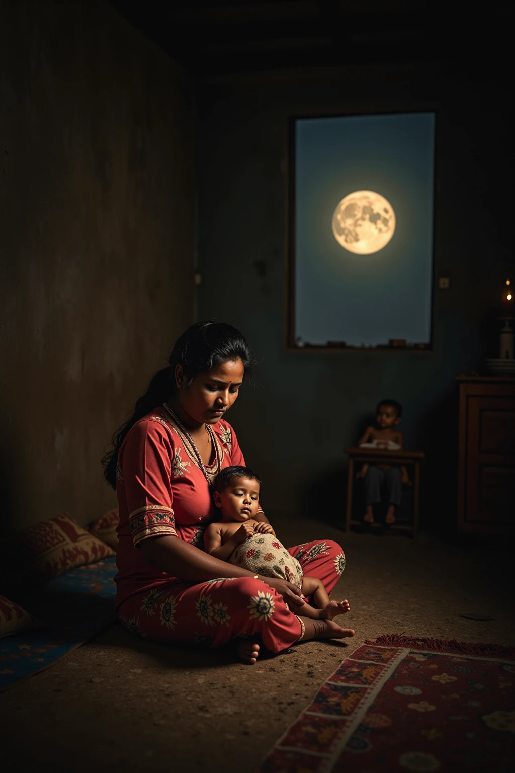 i want to generate a picture of a bangladeshi girl wearing nothing crying in the rooftop in a moonlight night sitting on cradle