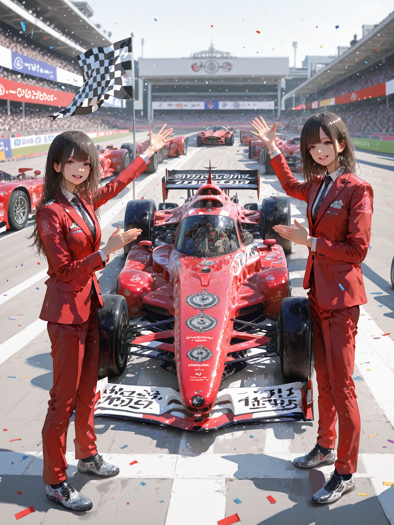Full action, photorealistic shot of a Formula 1 champion, celebrating victory at the finish line. A racer stands triumphantly in his race car, slowly crossing the checkered finish flag. Their hands are raised in victory, and they look at the cheering crowd. Confetti pours all over the track. The background shows the full stands, blurred with excitement and motion. The lighting is bright and festive, conveying the raw emotion of the moment, red car, red suit, Redbull