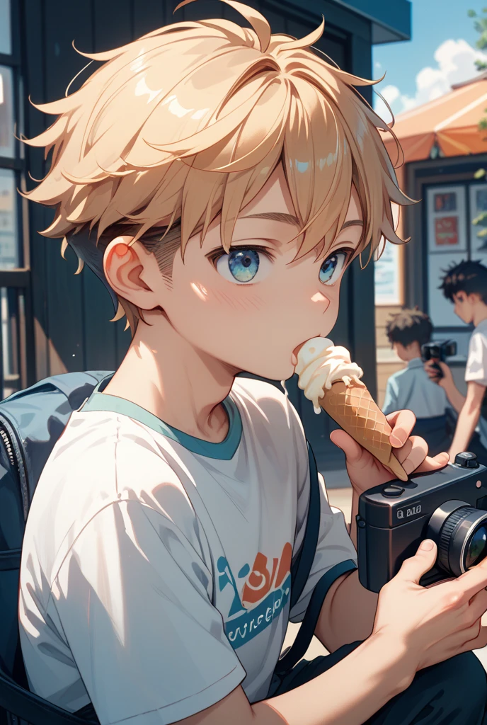 best quality, masterpiece, highres, detailed, perfect anatomy, <lora:Detail - add_detail:0.2>, EatingPopIce, <lyco:Action - EatingPopIce:0.8>, blue popsicle, 1boy, happy, short hair, blonde hair, outdoors, sunset,