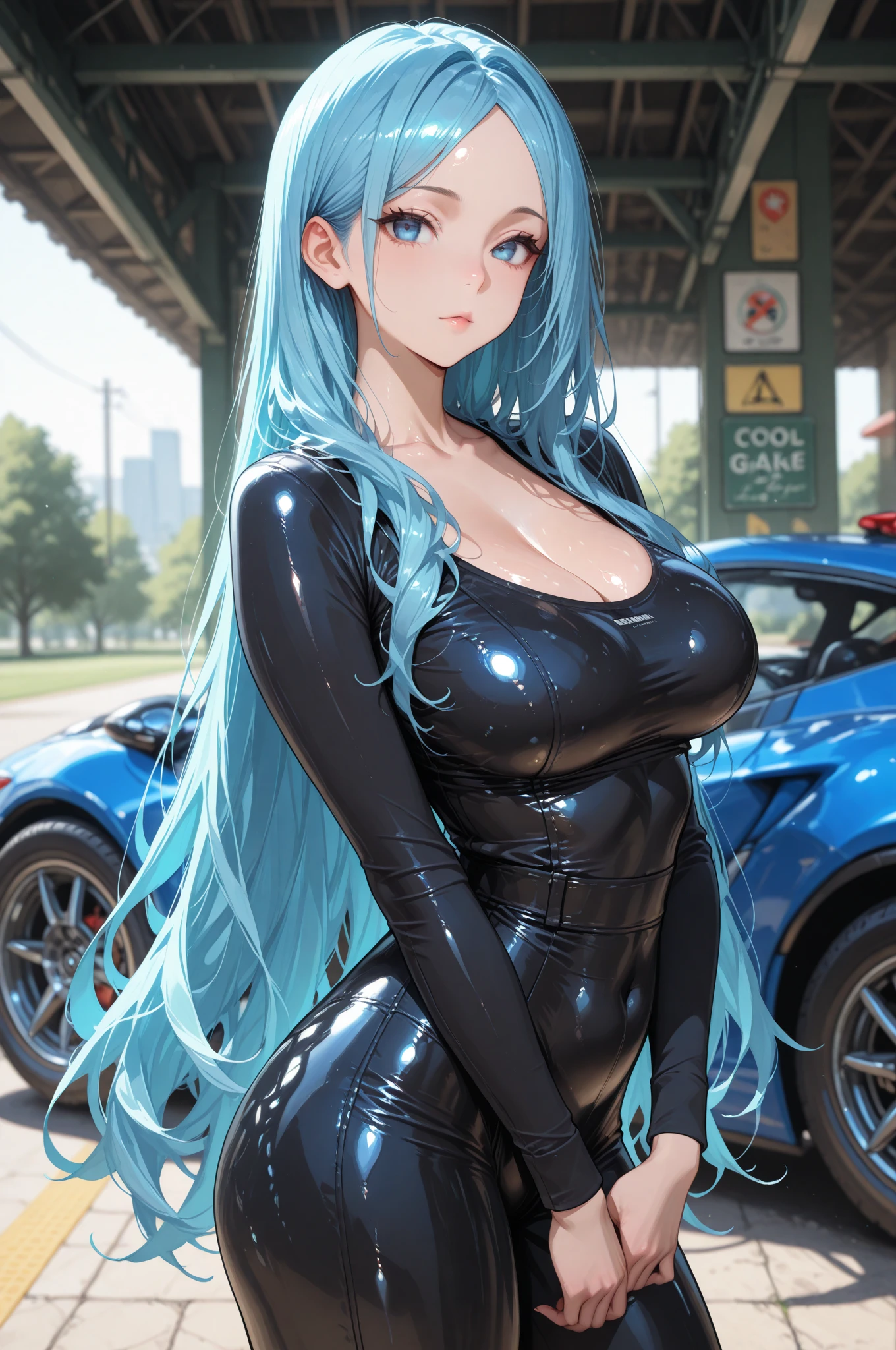(Masterpiece, BestQuality:1.3), (ultra detailed:1.2), (hyperrealistic:1.3), (RAW photo:1.2), High detail RAW color photo, professional photograph, (Photorealistic:1.4), (realistic:1.4), professional lighting, perfect anatomy, (Big Breasts:1.2), (blush, detailed face), (cheerful Smile:1.5), (Blue Hair:1.5), Trending Hair&Trending Hairカラーをランダムに, earrings, necklace, bracelet, sexly, erotic sexly, Random sexy gravure poses, (Sexy beauty in a black tight suit、Night City、A captivating smile、Long Hair、Leaning on the car。: 1.3)