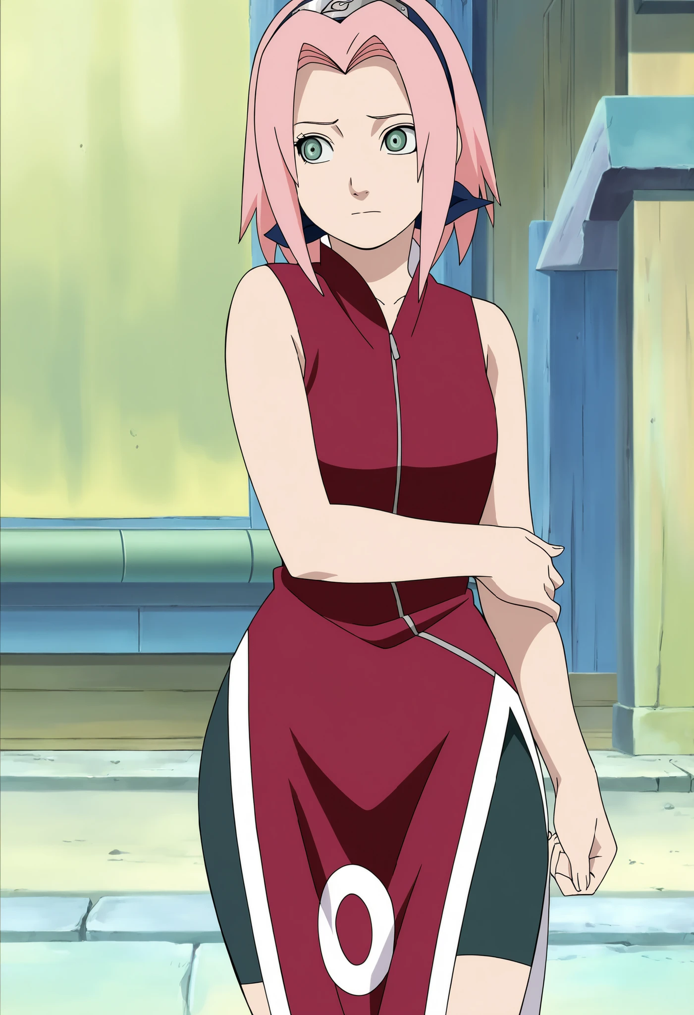 masterpiece, best quality, very detailed, , masterpiece, best quality, eyelashes, (Beautiful Eyes), cowboy shot,, Official anime Illustration, Official artwork, screencap,,Scarsdale, ,Sakura haruno, 1girl,solo, short hair, pink hair, green eyes,"Red sleeveless Chinese qipao with white trim and symbol, black shorts, black open-toe ninja sandals." trying to seduce you , wide hips
