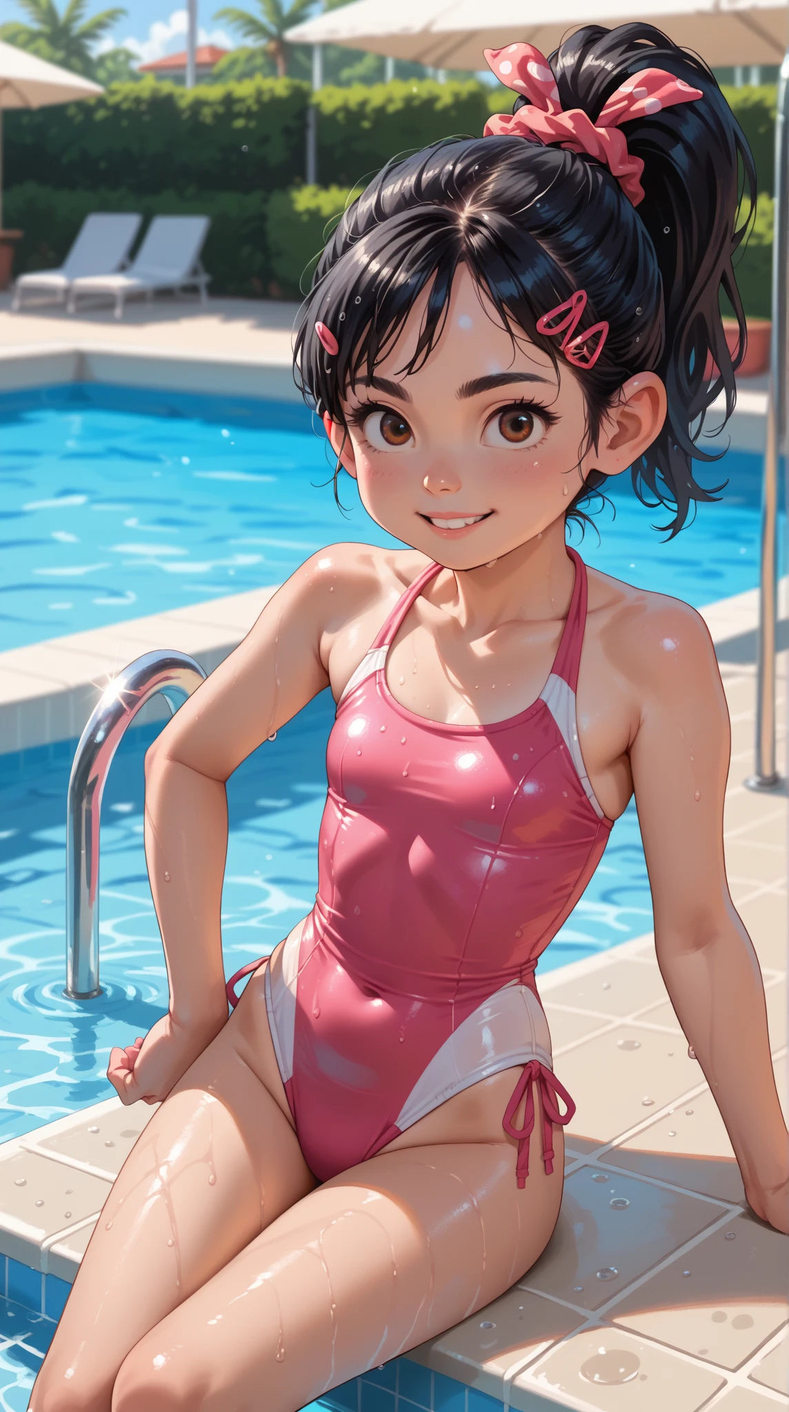 best quality, masterpiece, ultra high res, (photorealistic:1.4), RAW photo, Intricate details, ((Perfect Anatomy)), Big beautiful eyes, Perfect contours, masterpiece, One girl, ((Elementary school girl)), Shortcuts, Medium chest, (one piece, turtleneck,No sleeve), Transparent and clear metallic green swimsuit, tight high leg swimsuit, Portrait, ((Face close up)), Looking at the viewer from the front, Outdoor swimming pool, Partially submerged, Wet Skin, Smile, (armpit), Hands do not hold anything