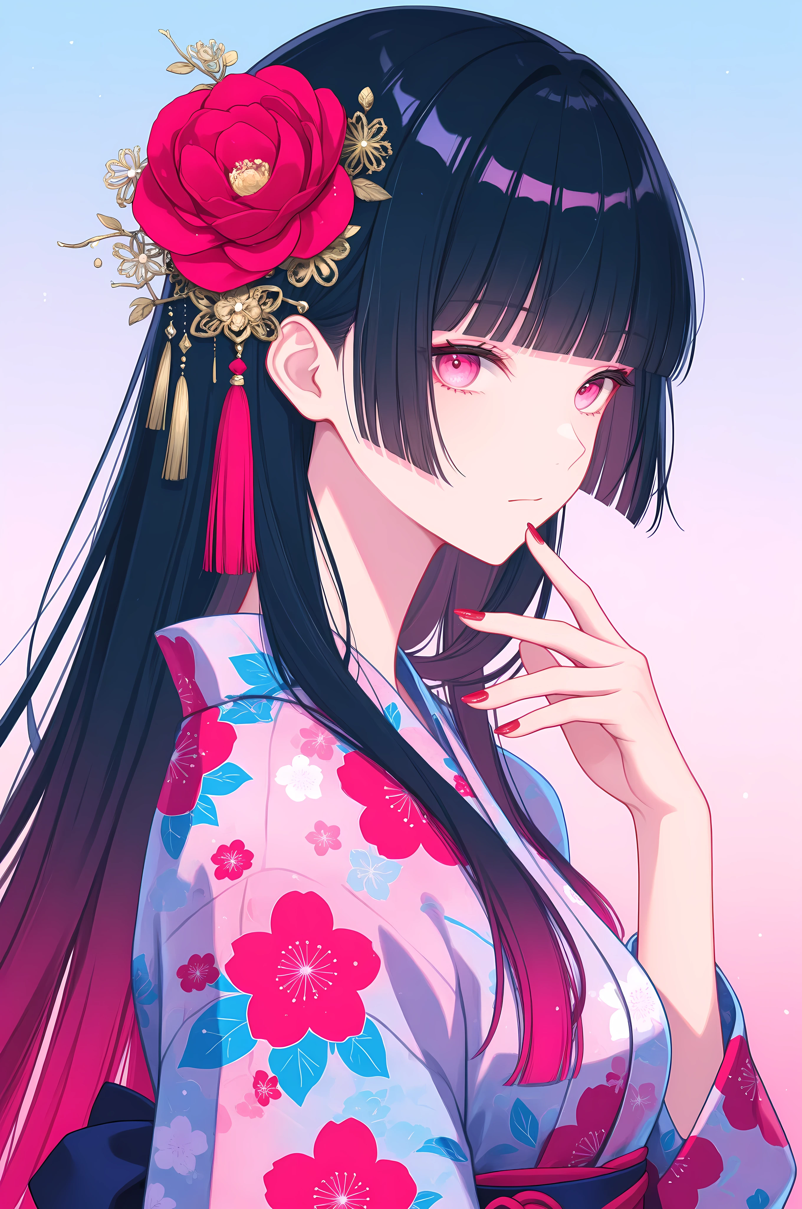 woman, solo, ethereal, crystal red nails, looking at viewer, bangs, pink eyes, long hair, black hair, hair ornament, hand up, flower, blunt bangs, closed mouth, tassel, ribbon, portrait, colorful, gradient background, floral yukata, multicolored hair, upper body,