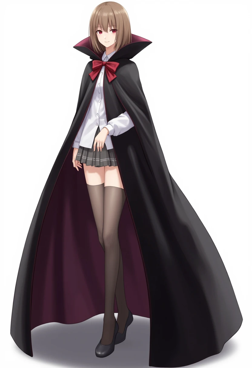 anime female character, long black hair, bangs, red eyes, vest, black cloak, skirt, stockings, boots, full body shot, pose, elegant, bangs, anime, Gothic art, masterpiece, anatomically correct, accurate, high details, highres, 4K