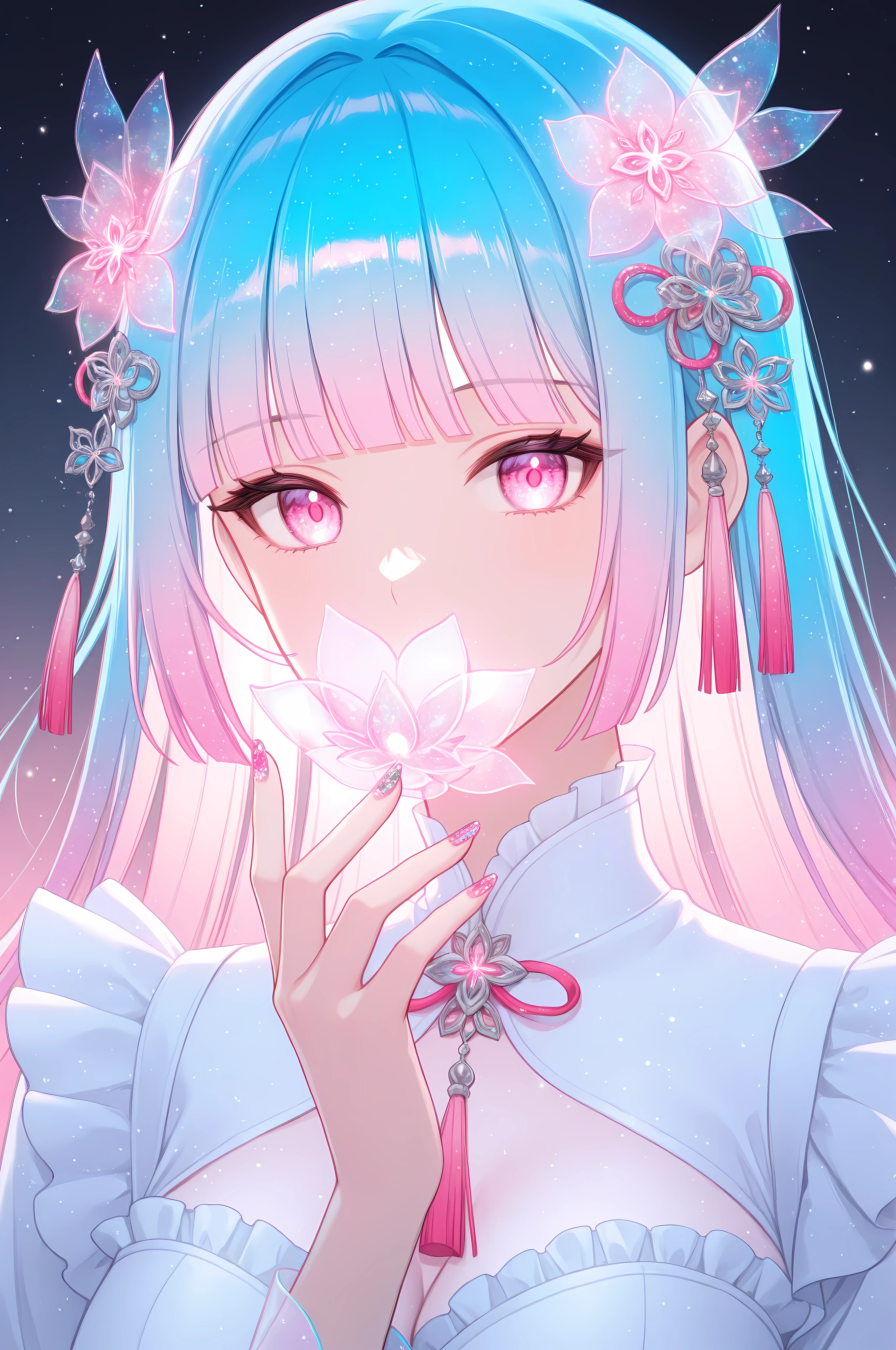woman, solo, holofoil nails, looking at viewer, holographic, holofoil glitter, glowing, bangs, pink eyes, long hair, neon hair, glowing hair, hair ornament, hand up, flower, blunt bangs, closed mouth, tassel, ribbon, portrait, ethereal, pastel gradient background, frills, multicolored hair, upper body,