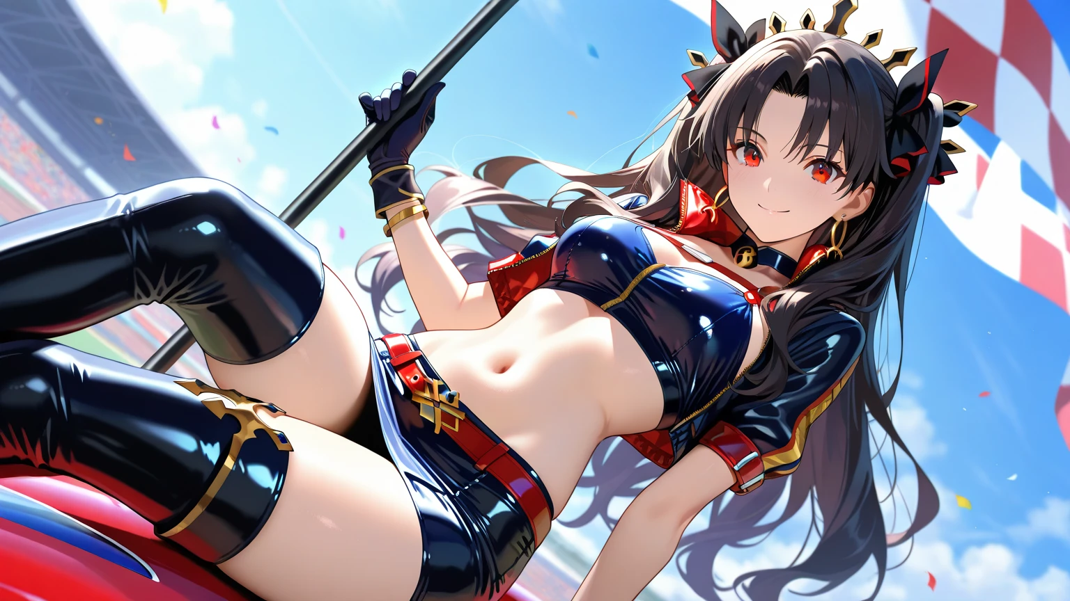 Black-haired girl in red clothes straddling a long broom、flying into the sky。beautidful eyes