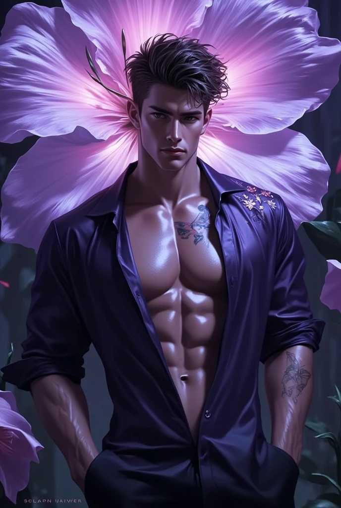 Male, sexy, long black hair, teal blue eyes, young, gothic, delicate features, no facial hair, no body hair, seductive, white and pale. Roses. Sexy pose. Purple and black. Sexy. Sexy pose. Seductive. Sensual. Mole under the left eye. Full body. Long eyelashes. Big bulge in his pants. Exposed torso. Whole body. 