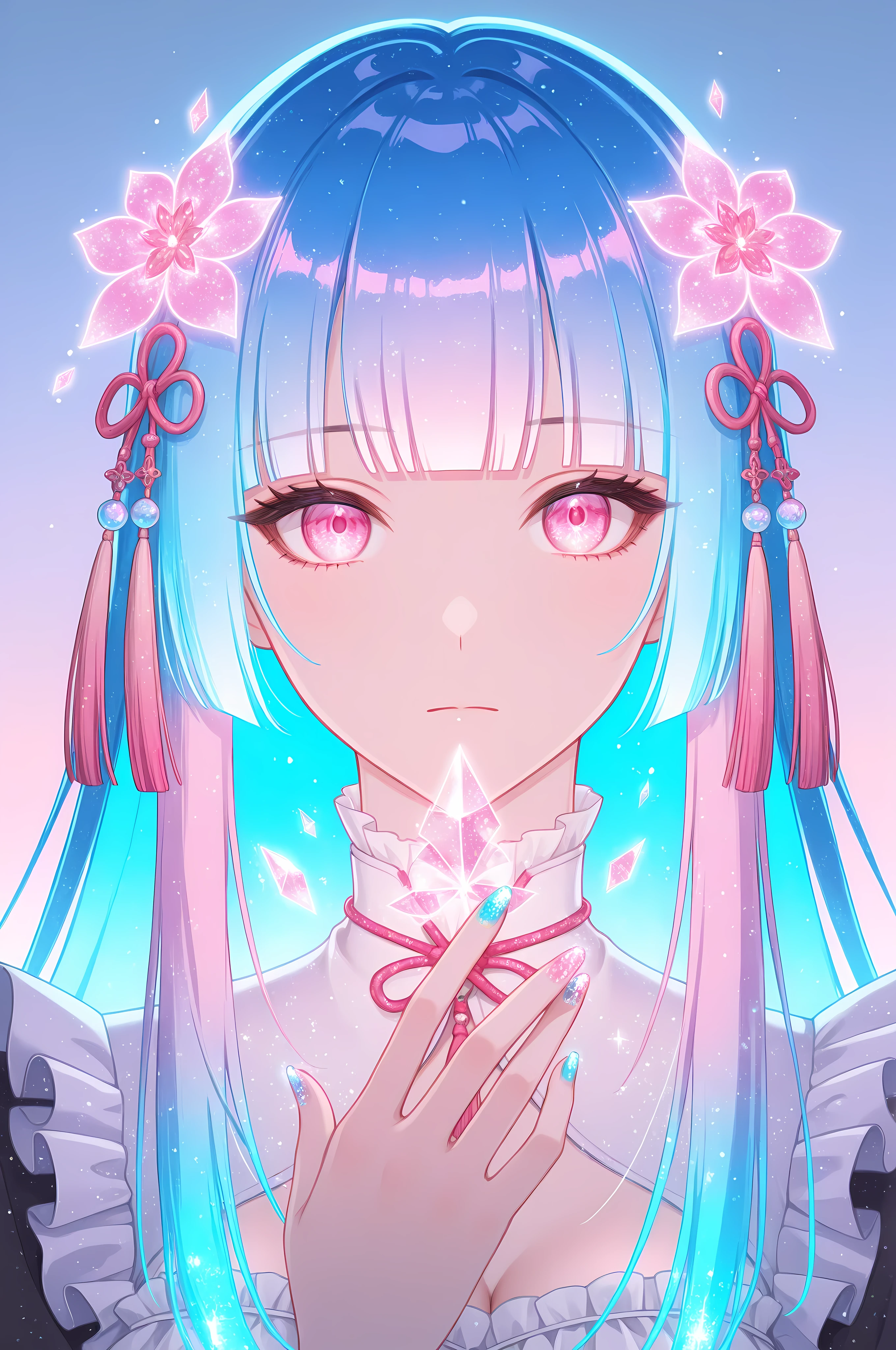 woman, solo, holofoil nails, looking at viewer, holographic, holofoil glitter, glowing, bangs, pink eyes, long hair, neon hair, glowing hair, hair ornament, hand up, flower, blunt bangs, closed mouth, tassel, ribbon, portrait, ethereal, pastel gradient background, frills, multicolored hair, upper body,