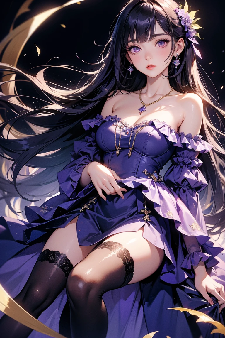 Off-the-shoulder dress，masterpiece, Highest quality, High resolution, 1 girl, Super High resolution, alone, stockings, Purple eyes, , Long Hair, bangs，necklace