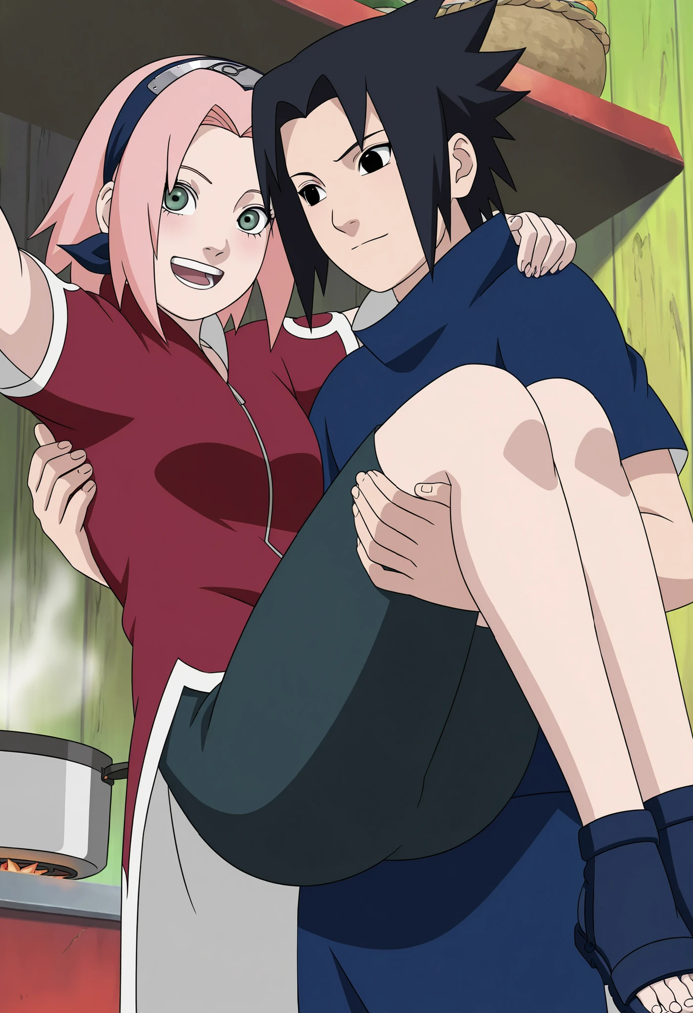 masterpiece, best quality, very detailed, , masterpiece, best quality, eyelashes, (Beautiful Eyes), cowboy shot,, Official anime Illustration, Official artwork, screencap,,Scarsdale, ,Sakura haruno, 1girl,solo, short hair, pink hair, green eyes,"Red sleeveless Chinese qipao with white trim and symbol, black shorts, black open-toe ninja sandals." Standing, cooking, happy , wide hips , princess carry,1boy ,sasuke uchiha , black hair, blue shirt, white short, female carrying male, role reversal