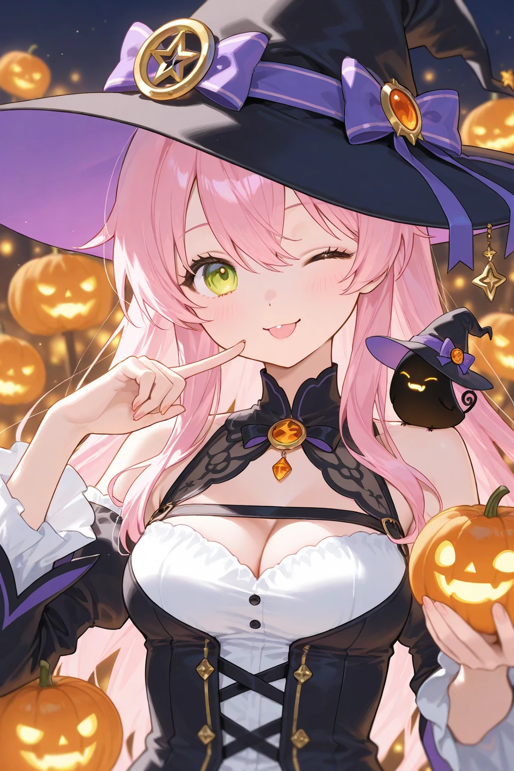 masterpiece,highest quality,(Super detailed),written boundary depth,perfect sentence, Detailed CG,Super detailed,(highly detailed eyes,very cute face,highly detailed face:1.3),beautiful anime girl,(solo girl:1.9),(super huge breasts:1.9),(pink hair,low twin tails:1.5),(light blue eyes:1.3),(smile full of joy:1.3),open your mouth,show viewer,break,(Black Witch's Robe,big witch hat:1.5),black capelet,Black slip dress,black elbow gloves,break,(spooky forest background:1.5),floating purple light,night,Crescent Moon,(Beckon,Angle from the side:1.5),(Are standing,cowboy shot :1.5)