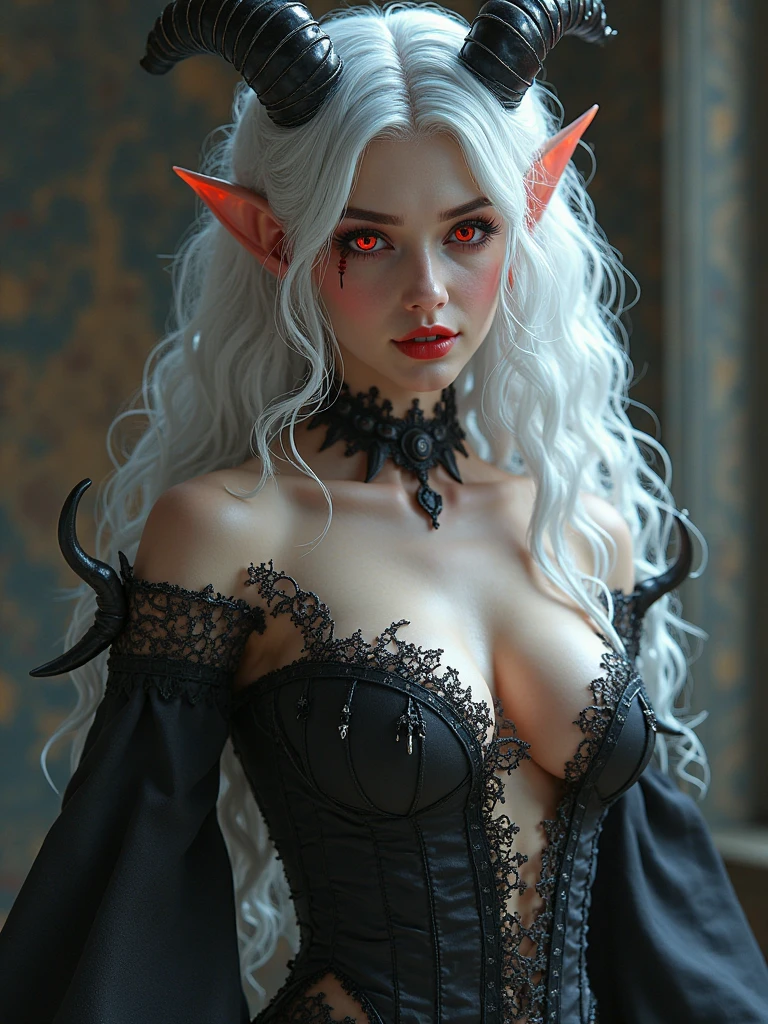 arafed a picture of elf vampire in her castle. an exquisite beautiful female elf vampire (ultra details, Masterpiece, best quality), bloody mouth blond hair, pale skin, hair in a ponytail, long hair, blue eyes, small pointed ears, cold eyes, smirking, wearing white dress (ultra details, Masterpiece, best quality), red cloak, in dark fantasy library, book shelves, arafed high details, best quality, 16k, [ultra detailed], masterpiece, best quality, (ultra detailed), full body, ultra wide shot, photorealism, RAW, dark fantasy art, gothic art, ArmoredDress, Dark Novel, Dark Art Painting Style, dripping blood, goth person