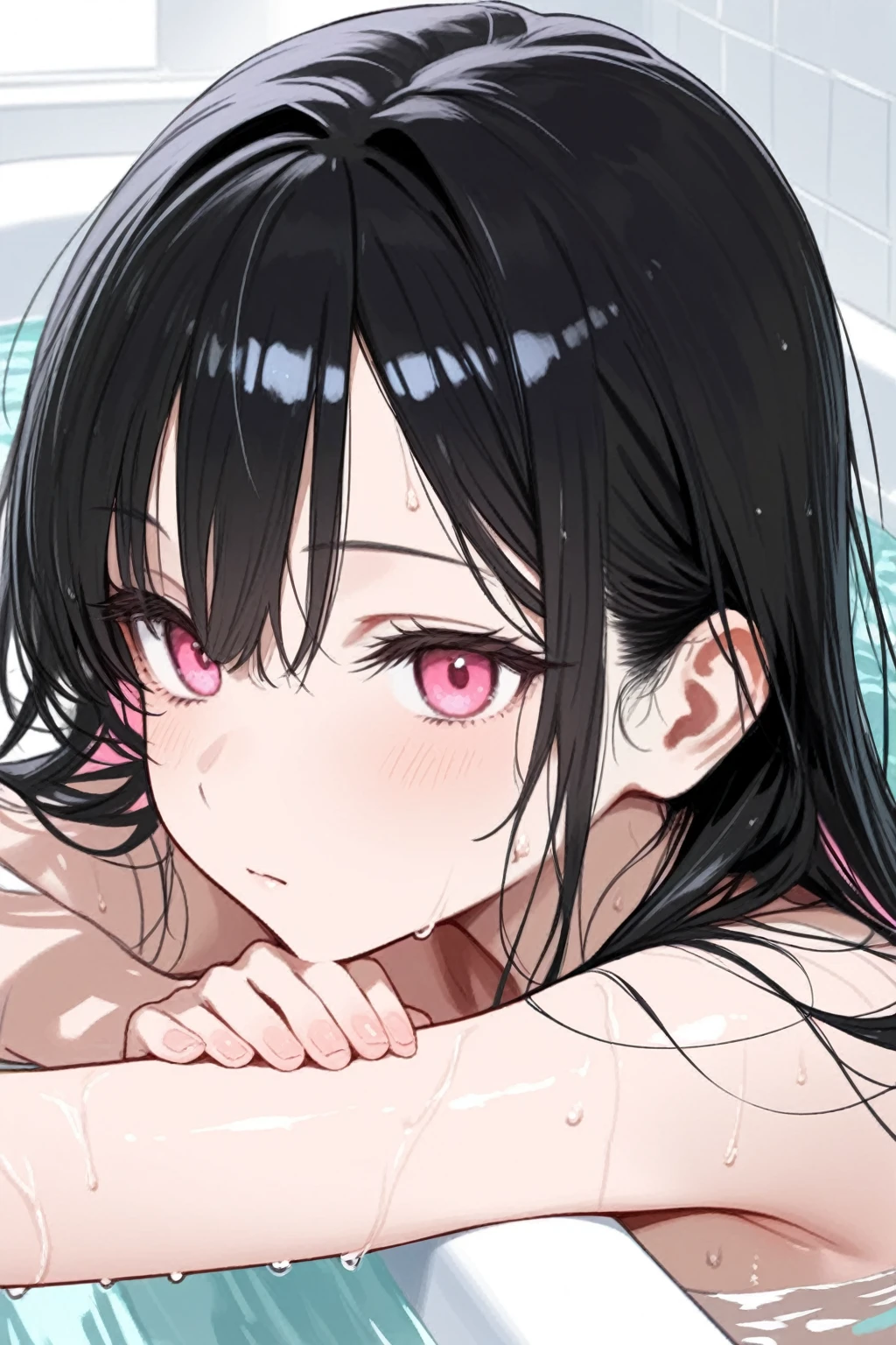 (*****, top-quality, 8K, masterpiece, Top image quality, Hi-Res, super detailing, Ultra HD, (Delicate and smooth skin, real looking skin, Perfect and beautiful face ,Perfect and cute face, high detail skin, Perfect limbs)), girl , black bikini , black hair , blushing, cleavage , collarbone , hair ornament , hairpin , halo , halterneck , large breasts , long hair , looking upwards at viewer , partially submerged water, pool , red eyes , side-tie bikini bottom , solo , string bikini , water , wet, pov from above, Rio (blue archive)