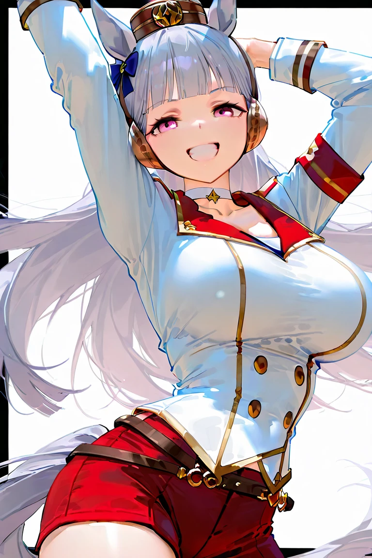 best quality, (masterpiece),(ultra-detailed), (high quality), (high resolution), 1girl, ahoge, bangs, black skirt, blush, cleavage, collar, english text, erispheria, gift, hair ornament, hand on hip, large breasts, long hair, looking at viewer, open mouth, pleated skirt, pointing at self, portrait, red eyes, shirt, simple background, skirt, smile, solo, upper body, virtual youtuber, white hair, big breasts, (big breasssts:1.6), (huge big breasts:1.6), (beautiful large breasts:1.4), HH-cup