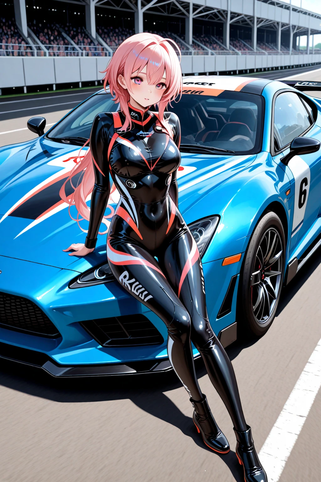 detailed background, best quality, masterpiece, cinematic lighting, highly detailed,
looking at viewer, straight-on, (kusanagi motoko, ghost in the shell), standing near the car, sport car,, blurry background, black leotard, <lora:CyberSongbird:0.7>,mechanical parts,purple hair,asymmetrical hair, wires, neon lights, hand in own hair,