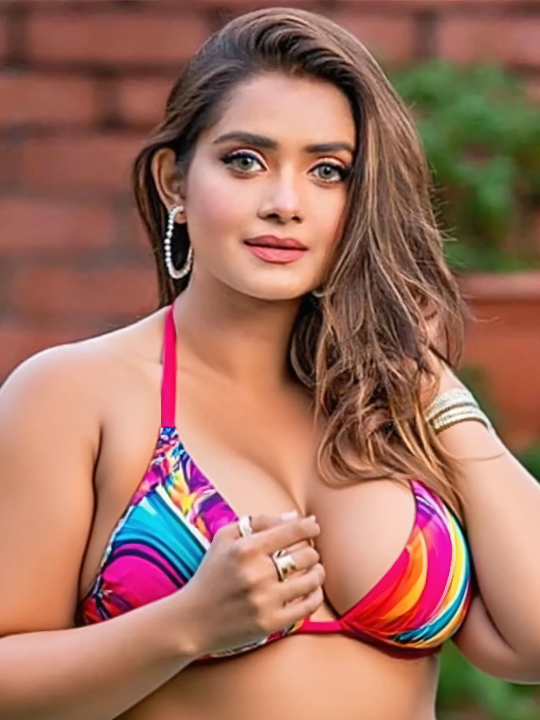 (Masterpiece, realistic face, yumna xaidi wear short bikini Teal & orange color top, perfect body shape, sexy figure, having sex with lesbian girl pink lips, showing , nude,