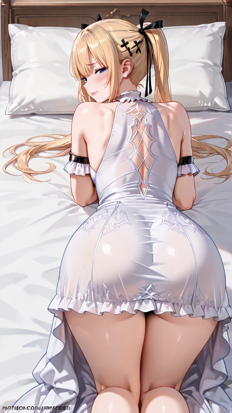 Very detailed、highest quality、Best image quality、masterpiece、8k、Sparkling Blue Eyes、Anime Face、A kind smile、Open Mouth、Blonde hair、(SFW Giant)、(Rear View:1.3)、waist cincher、(leaning forward:1.5)