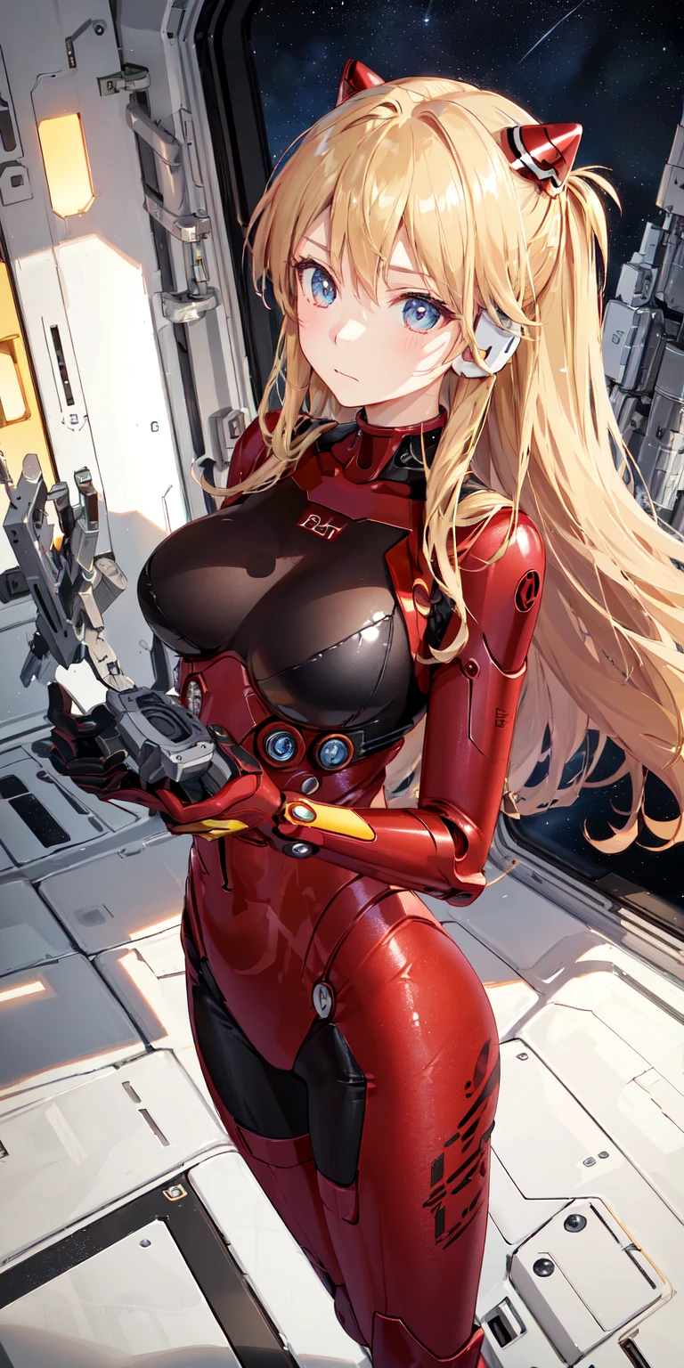 (俯瞰figure),Dynamic Angle,Super detailed, figure, close, Straight, One girl, Bite、Erect nipples、attacked by hand、Melting clothes、Ripped clothes、Torn clothes、The chest area is torn、((Soryu Asuka Langley, Interface Headset, A tight-fitting red bodysuit that barely fits her size:1.4, blonde)),Her eyes shone like dream-like stars,(Glowing Eyes:1.233),(Beautiful and detailed:1.1),(Expressionless,Mouth closed),(Are standing), (In a white spaceship、Mechanic room with tools and spaceship window), (night:1.2),dream-like, [[Delicate fingers and hands:0.55]::0.85],(Finger details),