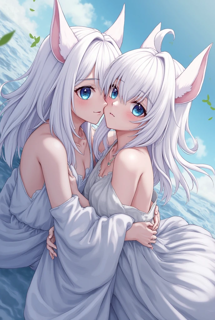 (masterpiece:1.3), (8k, Realistic, RAW Photos, highest quality: 1.4), ((One Japanese woman)), Beautiful Face, (Realistic Face), Beautiful hairstyle, ((Long, narrow eyes)), Realistic eyes, Beautiful fine details, (Realistic Skin), Beautiful Skin, Absurd, Charm, Ultra-high resolution, Ultra-realistic, Very detailed, Golden Ratio, (Best Shadow), Cinematic, (Complex:1.4), ((One Priestess)), smile, (vermilion eyeshadow), ((White Fox Ears, Long white hair, Wet Hair)), ((Fair skin)), (Pure white skin:1.1), (Sweat:1.0), (Flushed cheeks), Voluptuous body, ((Immerse yourself in the hot springs up to your chest)), (Large Breasts:1.1), ((Cleavage:1.1)), Alluring, ((Hiding her body with a towel)), ((Staring, Eyes closed, 2 Kissing)), ((Grabbing someone's chest)), barefoot, Old Japanese Shinto Shrine, ((Rising steam)), Early morning sanctuary, (morning haze:1.5), ((Deep in the forest:1.2)), (Mikamiki:1.2), (steam:1.6), cowboy shot